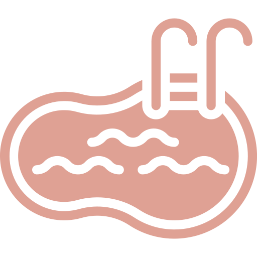 Icon of a swimming pool with two ladders and wavy lines representing water, often featured in amenities at retirement homes.